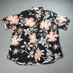 Margaritaville Black Hibiscus Guitar Hawaiian L Camp Shirt Rayon Aloha